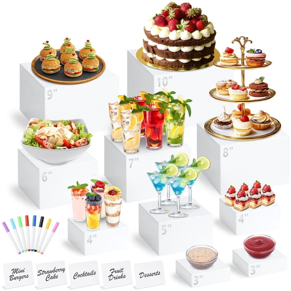 Buffet Risers Qinzave, acrílico blanco con miniletrero, 10 unidades