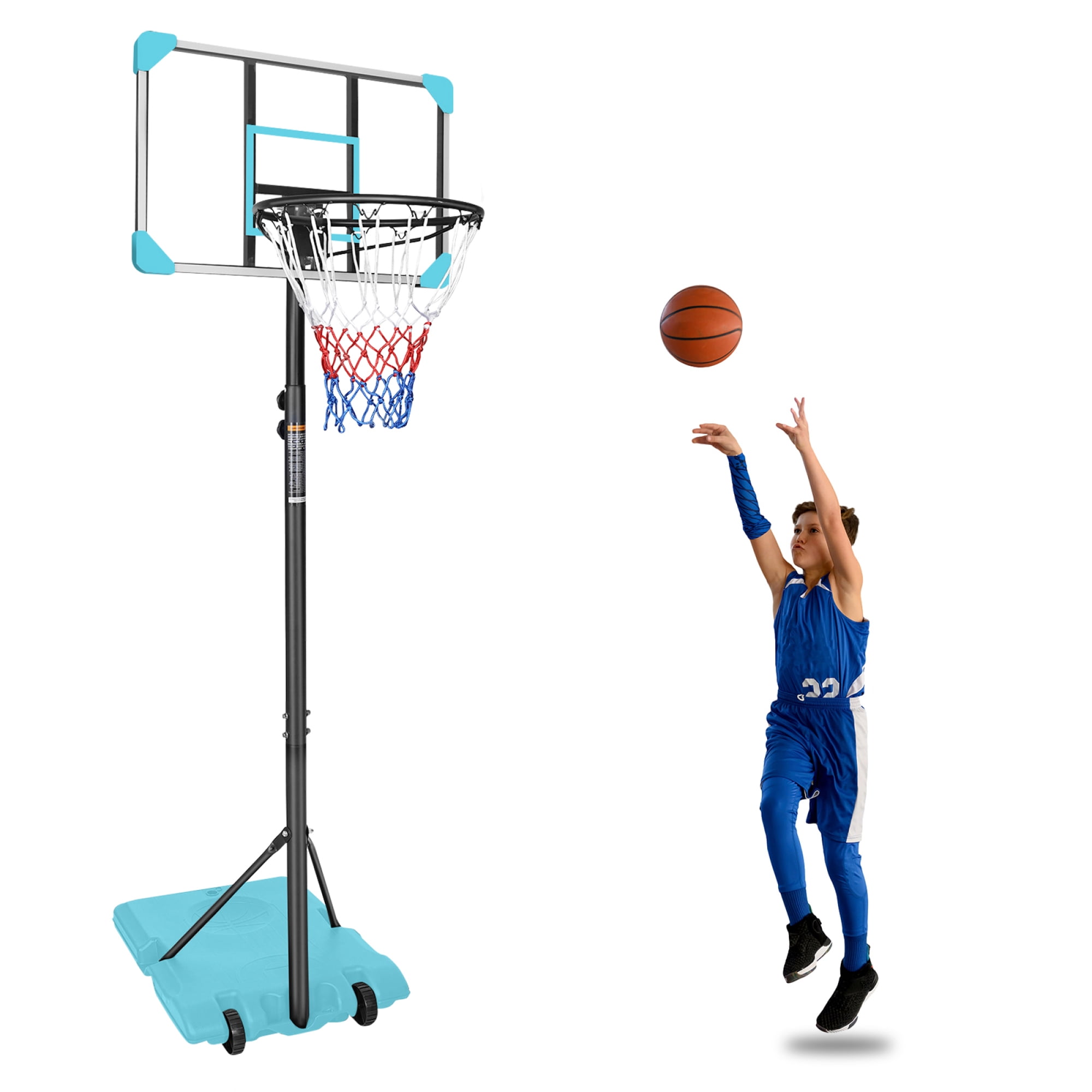 Portable Basketball Hoop,Outdoor Basketball Hoop Adjustable Height 5.6ft - 7ft,28 Inch Backboard with 2 Wheels for Kids Youth in Backyard Driveway,Blue