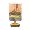 thumbnail image 2 of Lighthouse Ship Waves Island Table Lamp USB Bedside Desk Nightstand Lamp Printed Gifts Small Lamp Wood Base for Bedroom Living Room Kids Room College Dorm, 2 of 7