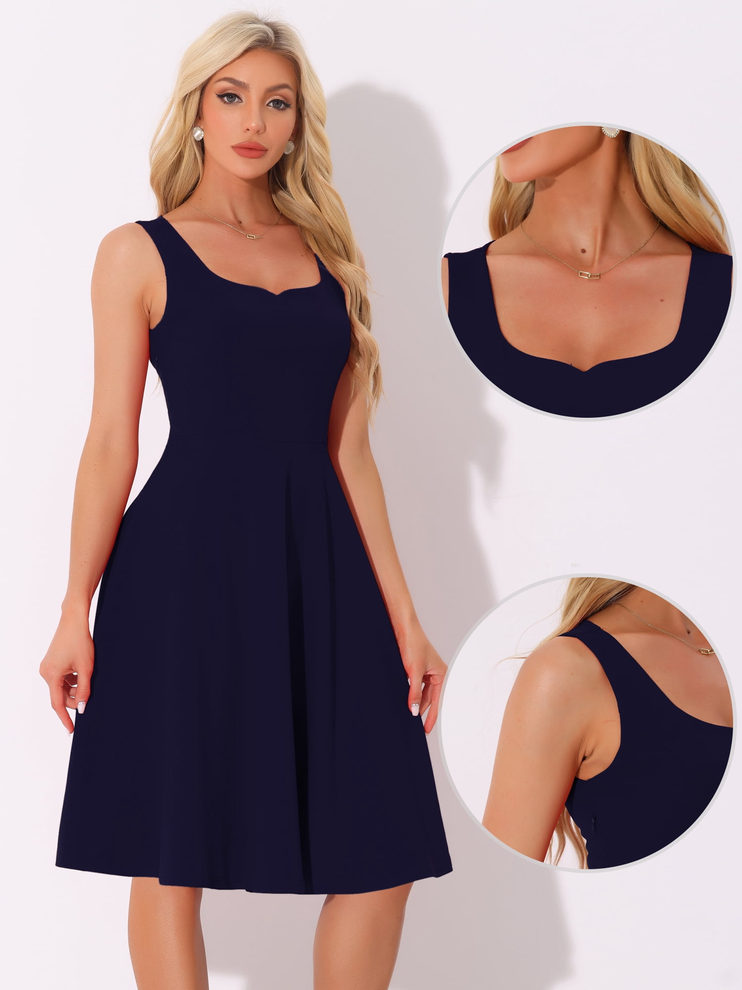 DARING DIVA Sweetheart Neck Swing Sleeveless Dress S Dark Blue