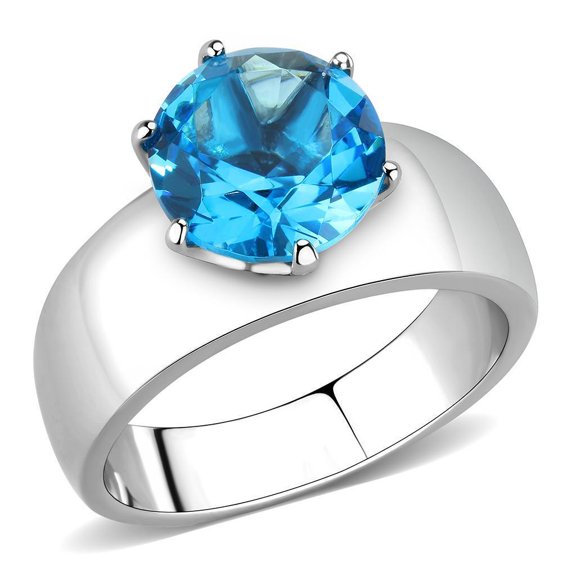 Aquamarine Blue Silver Womens Ring Solitaire Stainless Steel Zircoin Anillo Azul y Plata Para Mujer Solitario Acero Inoxidable