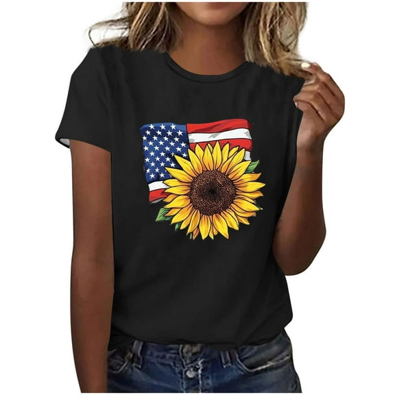 2025 Women's Patriotic Sunflower T-Shirt - American Flag & Stars Print | 4th of July Short Sleeve Independence Day Graphic Top