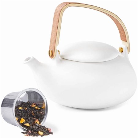 Modern Japanese Tea Set, 27 oz Ceramic Japanese Teapot with Fine Stainers and 4 Cups for Loose Leaf Tea Steeper, Wood Handle Matte Japanese Teapots Hot Tea Brewer for Tea Party Women Gifts