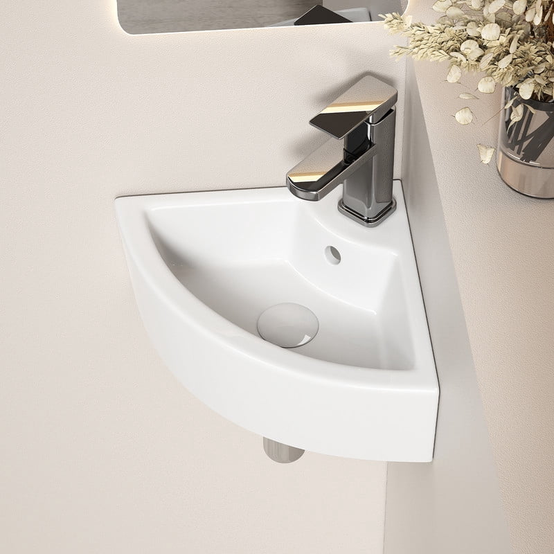 TICOZE Triangle Corner Wall Mounted Ceramic Vessel Sink, Space Saving Bathroom Sink Vanity Sink, White Gloss Ceramic Sink for Small Bathroom Powder Room