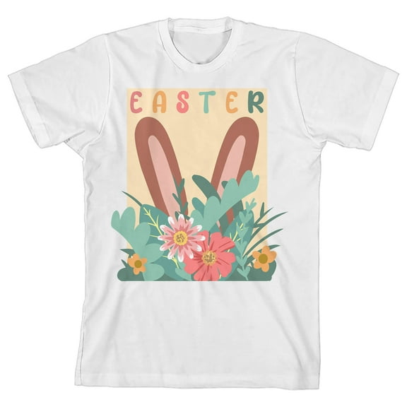 Dear Spring Easter Brown Bunny Ears With Eggs And Flowers Youth Girl's White Short Sleeve Crew Neck Tee-Medium