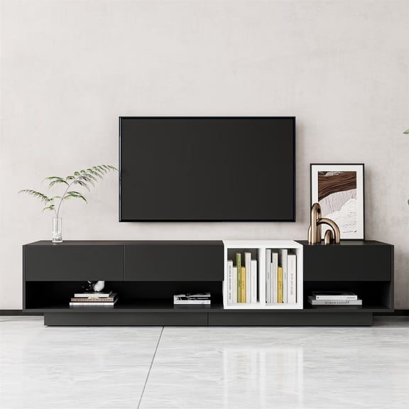 Entertainment Center with Storage for TVs Up to 80inch, Modern Two-tone TV Stand with 3 Drawer and Open Shelf, Wood Media Console Table Storage Cabinet for Living Room/Bedroom, Black