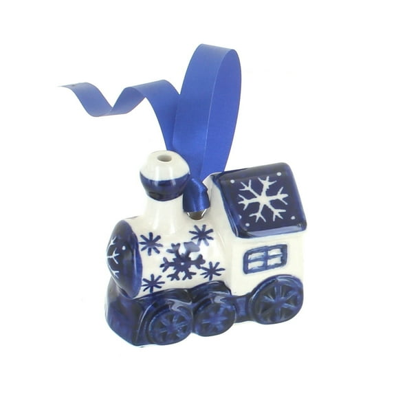 Blue Rose Polish Pottery Snow Flurry Locomotive Ornament
