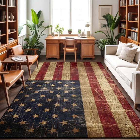 Large Area Rugs 5'x8', Vintage American Flag Carpet Runner Indoor Outdoor Rugs Home Decor Aesthetic, Farmhouse Shabby Retro Red Blue Non Slip Mats Washable Accent Rug for Living Room Bedroom