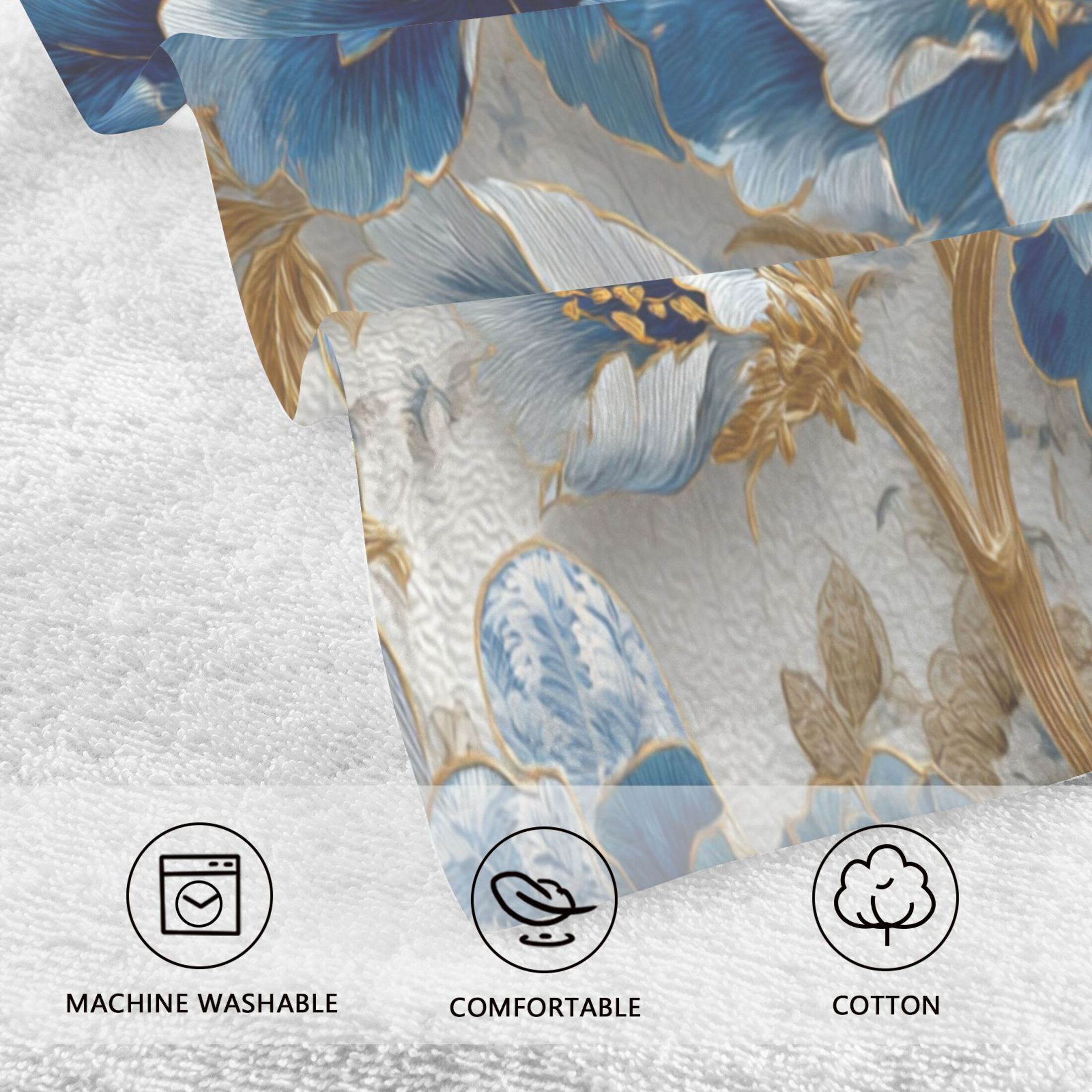 2 Pieces of Cotton Towel Face Towel Set Hand Towel Bath Towel Cotton Bath Towel Sets Blue White Flowers