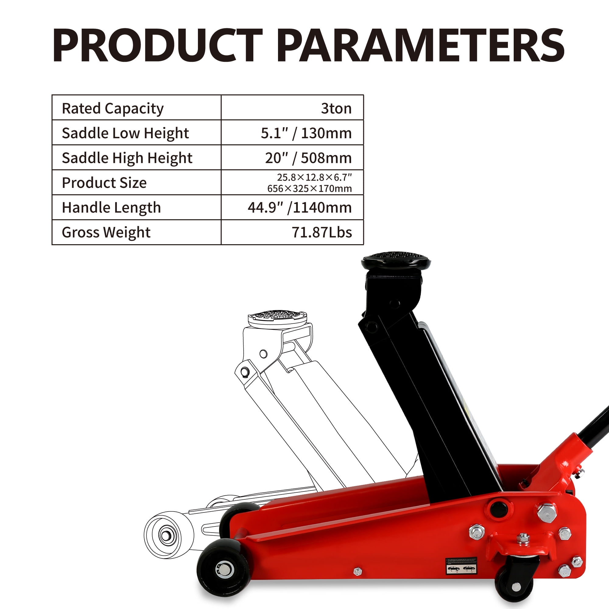 Aukfa Low Profile Floor Jack 3 Ton with Single Piston Quick Lift Pump,Floor Jack Lifting Range 5.1"-20",Red