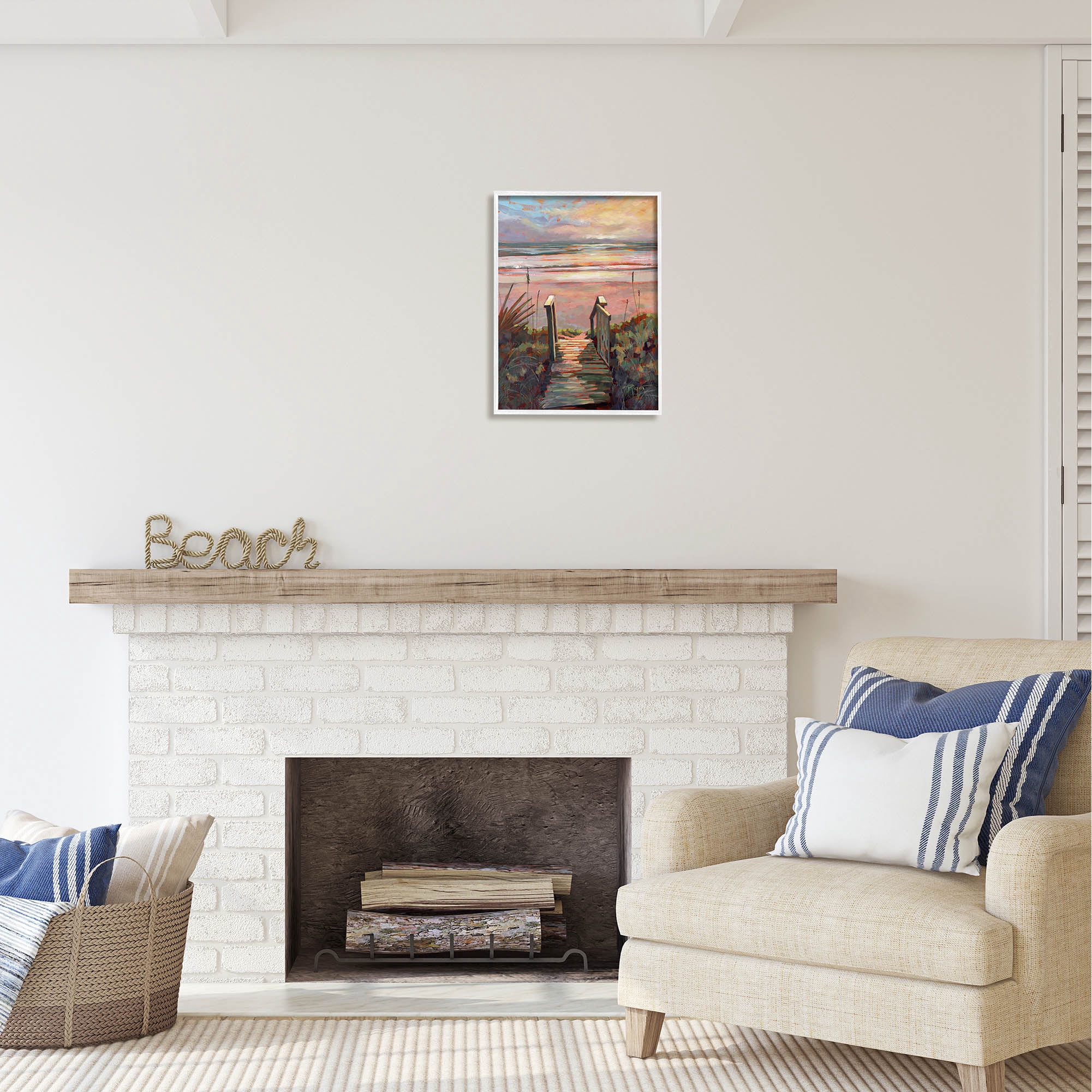 Stupell Industries Beach Shore Sunset Boardwalk Path Coastal Painting White Framed Art Print Wall Art