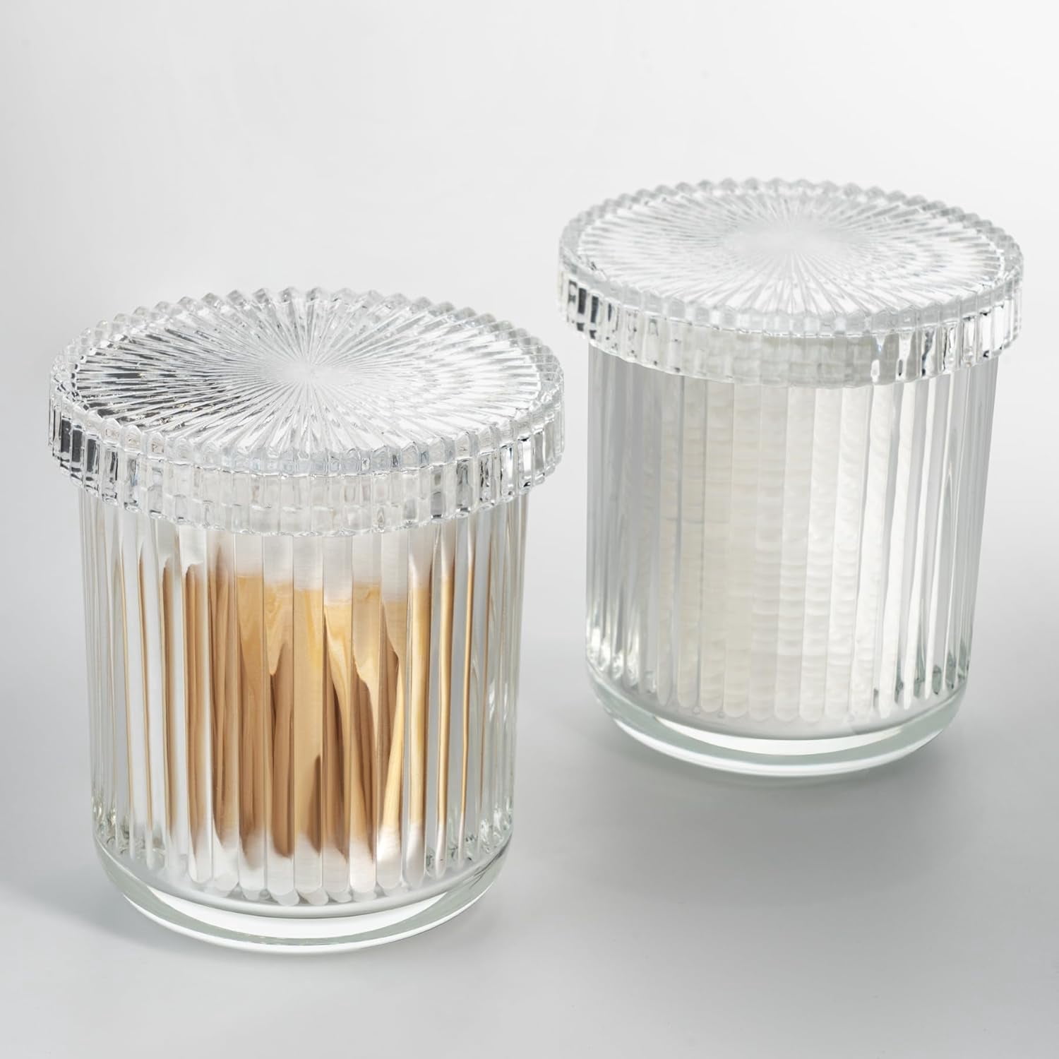 ABCISI 2 Pack Holder Apothecary Jars with Lids, Bathroom Organizers and Storage Canister for Cotton Balls, Swabs, Floss Picks, Hair Ties, Clear Glass Vintage Bathroom Decor Jar Set (Clear)