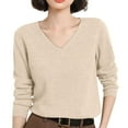 thumbnail image 2 of Women's Soft V Neck Long Sleeve Sweater Fall Casual Regular Fit, Basic Knit Pullover Top Beige M, 2 of 5