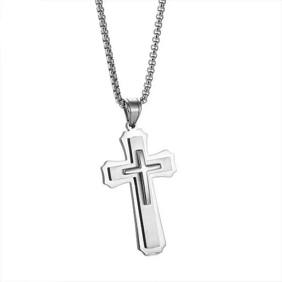 14K Yellow Gold Cross Pendant Christian Amulet Three Layer Three-dimensional Sweater Chain Lovers Religious Jewelry Necklaces