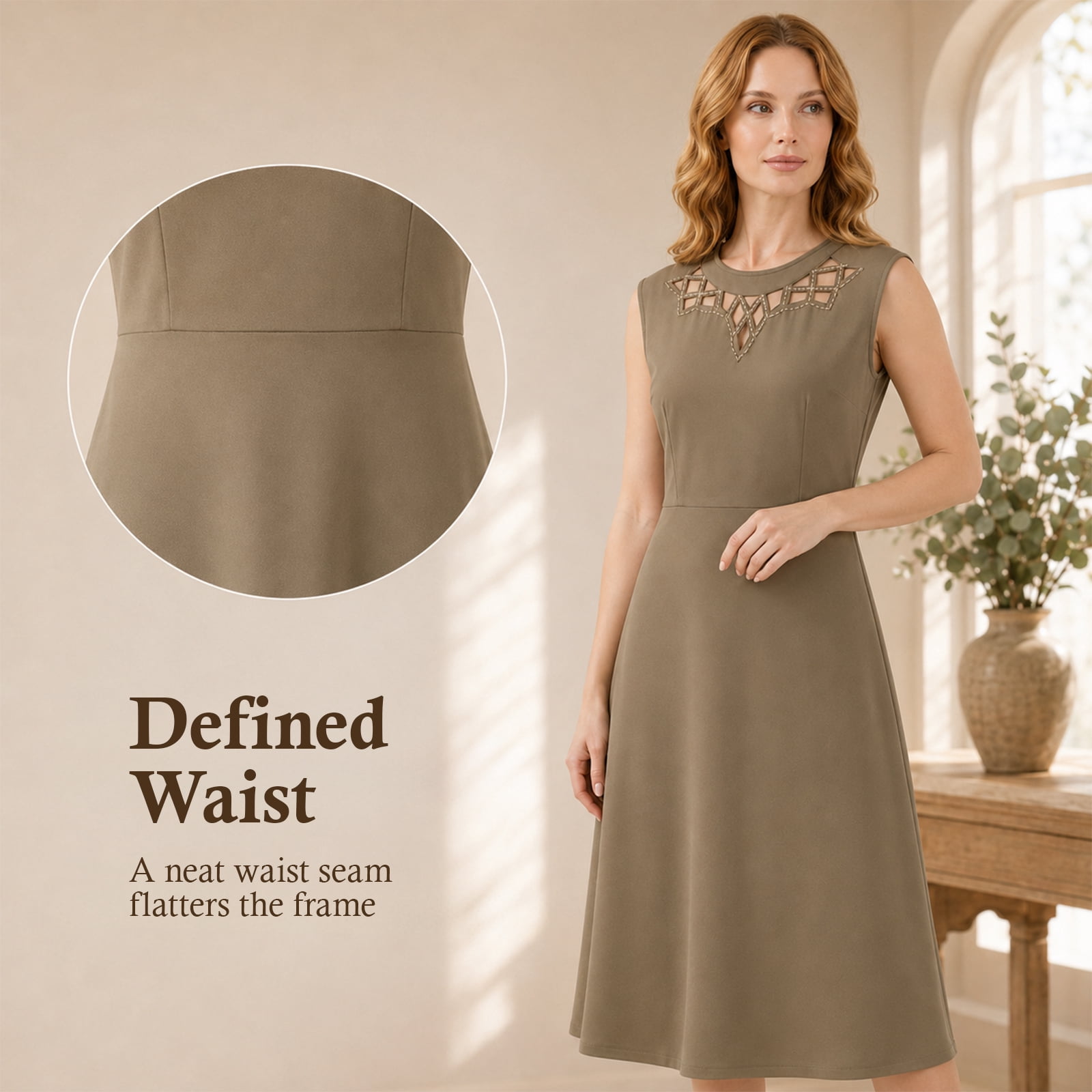 Alvantor Women's Sleeveless Lattice Neck A-Line Dress, Dust Olive