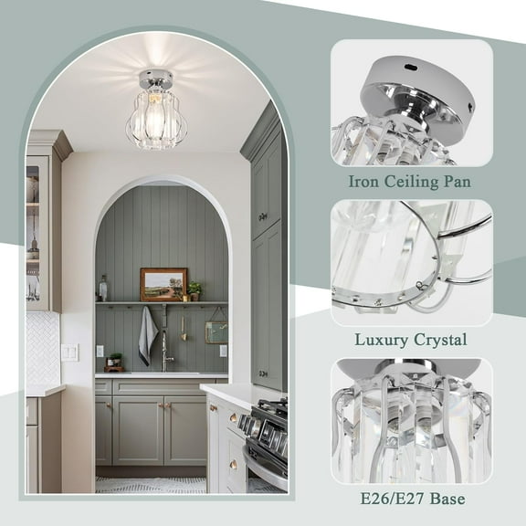 UITTG-Hallway Ceiling Light fixtures,Flush Mount Light Fixtures Crystal Ceiling Lighting with E26 Small Chandelier Indoor for Foyer Entryway Bedroom Bathroom Closet Living Room (Silver)