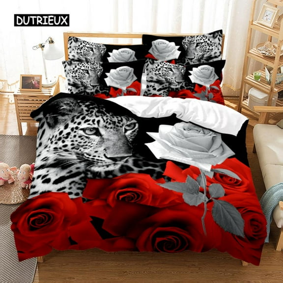 Red Rose Duvet Cover Comforter Pillow Case King Size Flower Theme Valentine's Day Present for Women