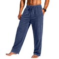 thumbnail image 4 of Men's Straight Leg Waffle Pants,Elastic Drawstring Waist Loose Fit Casual Trousers, Lightweight Breathable Textured Daily Streetwear Clothes with Pockets Blue 5XL, 4 of 6