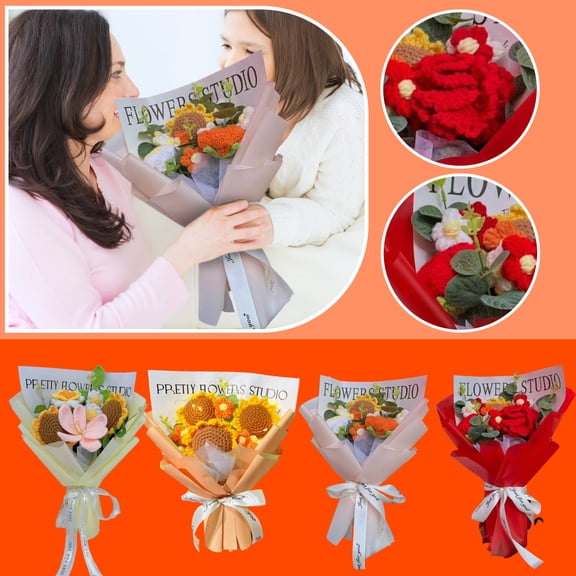 Crochet Rose Bouquet - Hand Knitted Valentine's Day Gift Faux Flower Bouquet for Home Decor, Weddings, Birthdays, Mother's Day | Comes with Gift Bag & Greeting Card