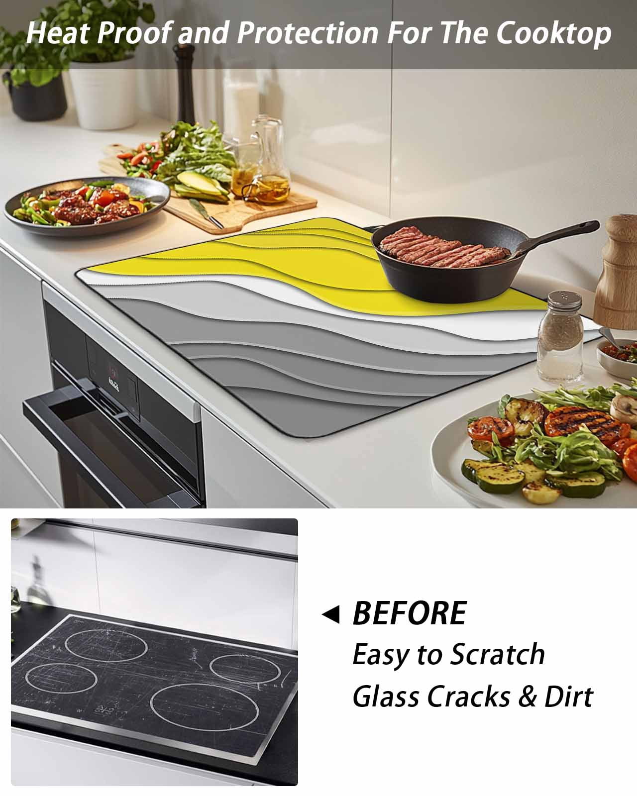 Stove Top Covers for Electric Stove, Yellow Grey Ombre Glass Stovetop Cover Protector, Modern Geometric Abstract Aesthetics Cream Induction Cooktop Protector Oven Mat for Kitchen Countertop 24"x21"