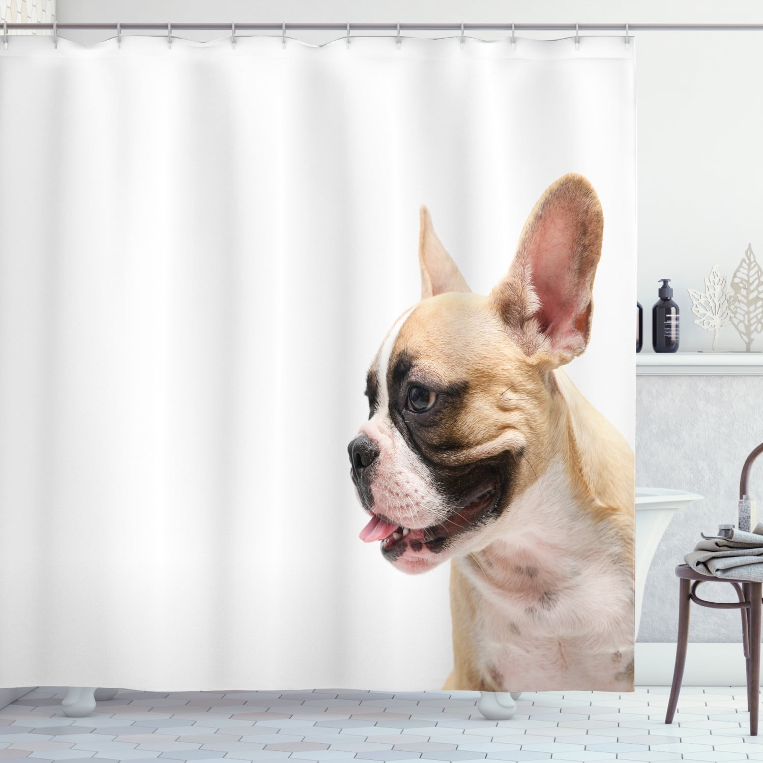 Bulldog Shower Curtain, Side View of a French Bulldog with the Tongue