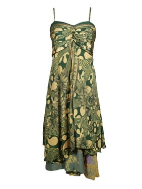 Mogul Women Green Floral Dress Layered Spaghetti Strap Boho chic Recycled Sari Printed Sundress SM