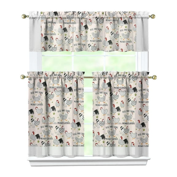 Kitchen Curtains 36 Inch Short - 3 Panel Set with Cute Farmhouse Egg & Chicken Print, Rod Pocket Window Curtain, 100% Polyester for Rustic Coop, Farm Kitchen, Easy Wash