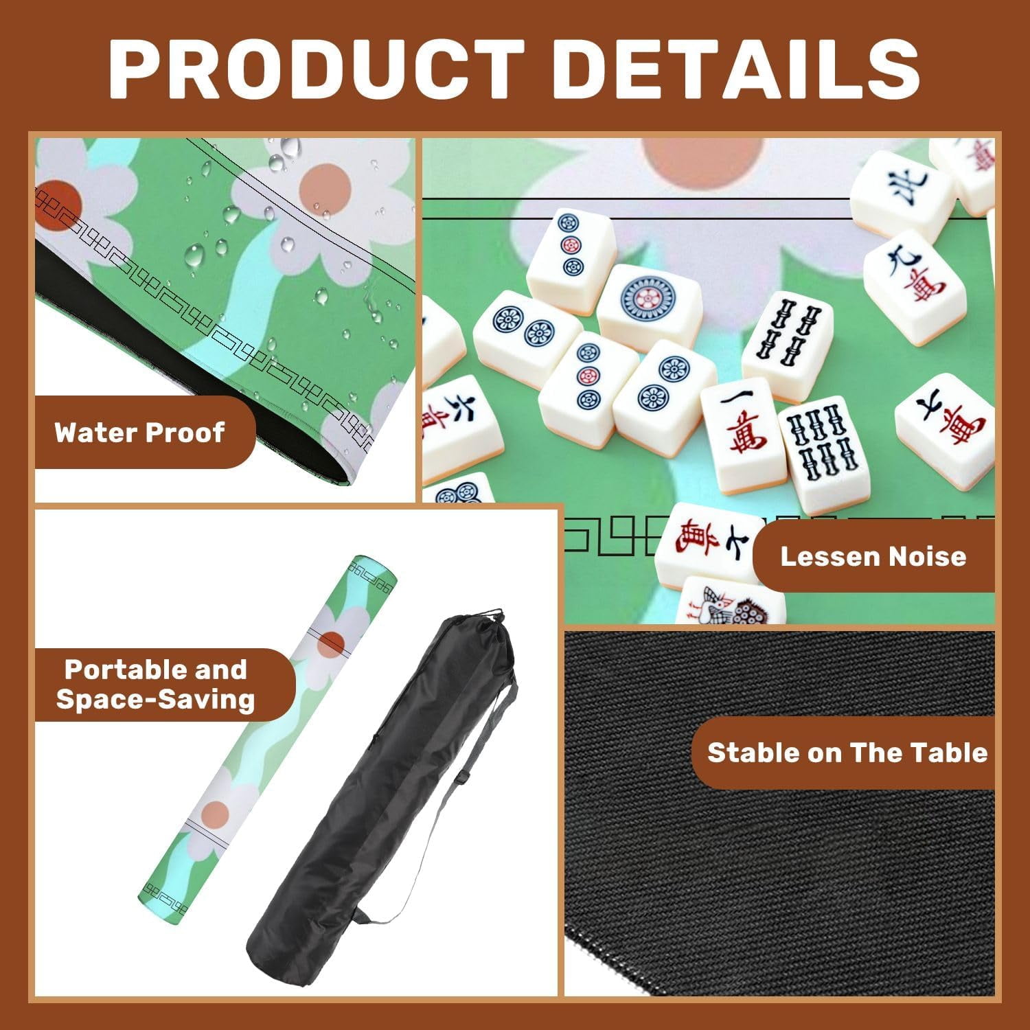 Mahjong Mat 31.5" x 31.5" Retro Daisy Flower Wavy Stripes Green Pastel Colors Non-Slip Noise Reduction Mahjong Tiles Table Cover for Dominoes Poker Card Board and Tile Games