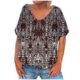 thumbnail image 2 of Sakmal Womens Tops Brown Short Sleeve V-Neck Floral Asymmetrical Vintage T-Shirts Ladies Shirts and Tops, 2 of 5