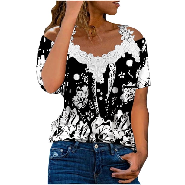 Blusa informal de manga corta con cuello en V y encaje con hombros descubiertos para mujer OAVQHLG3B Store lin121212