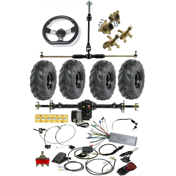 30" Go Kart Rear Axle Kit & 48V 1000W Electric Brushless Motor Controller Differential &145/70-6" Wheels Tires   Front Steering Shaft for ATV Quad Buggy 4 Wheelers Dolly Cart Trike Tricycle