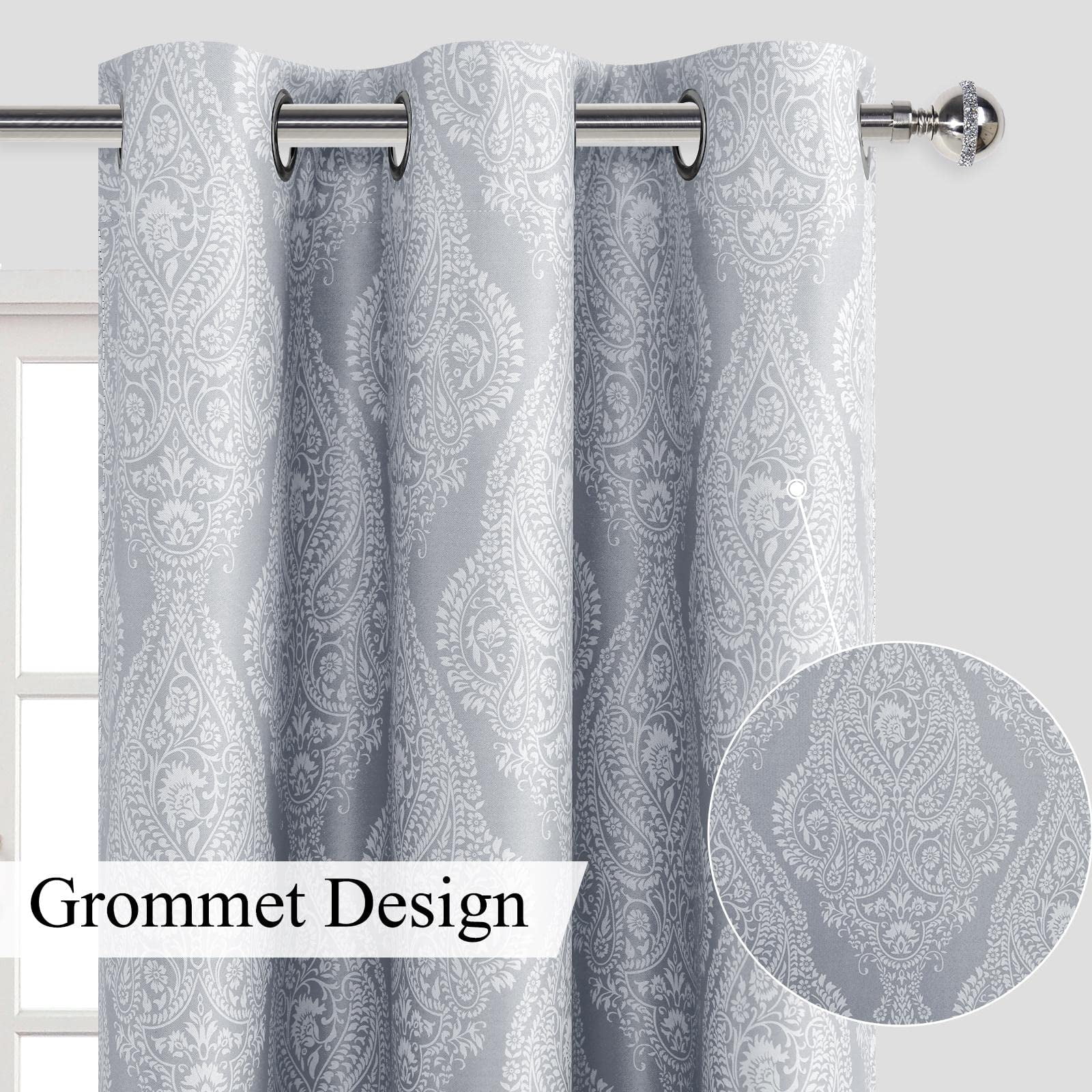 DWCN Ombre Blackout Curtains–Damask Patterned Thermal Insulated Noise Reducing Grommet Curtains for Bedroom Living Room, 52 x 84 Inches, Set of 2 Panels with Tiebacks, Grey