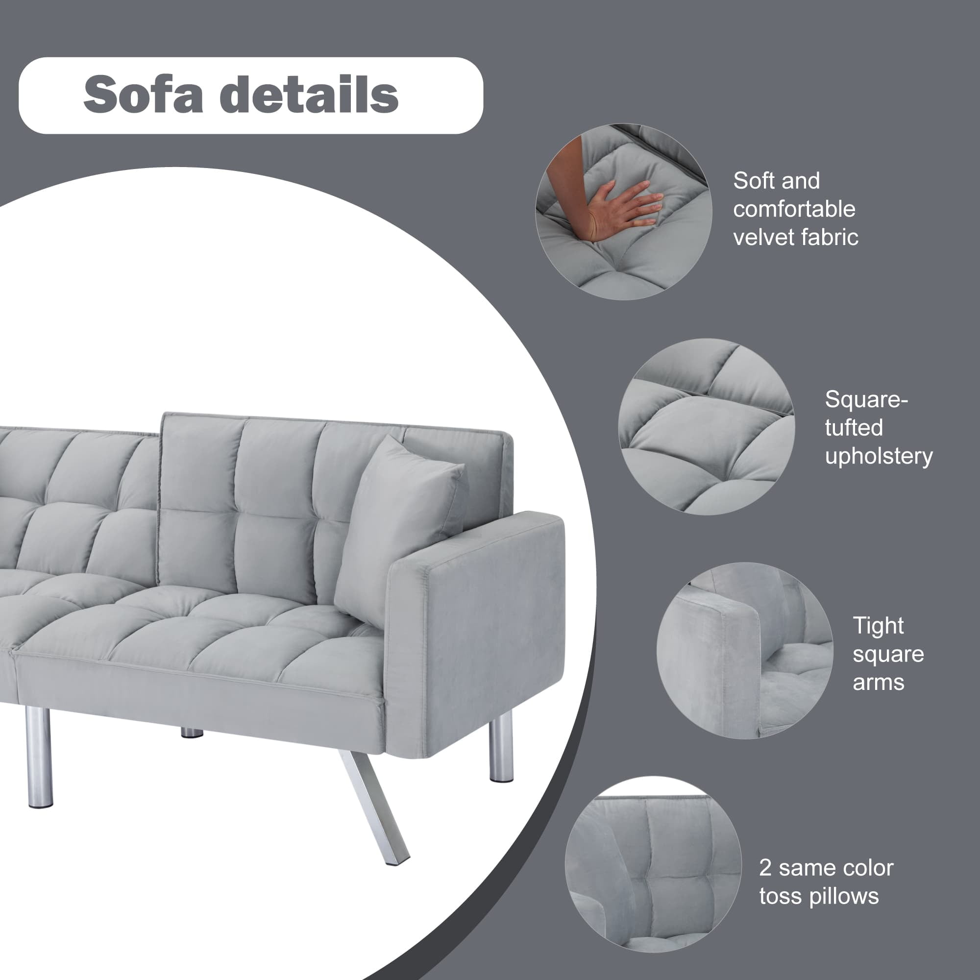 BSHTI Velvet Futon Sofa Bed 74” Convertible Sleeper – Split-Back 3-Position Adjustable, Solid Wood Frame, 2 Pillows, Easy Assembly, for Living Room Office Guest Room, Gray