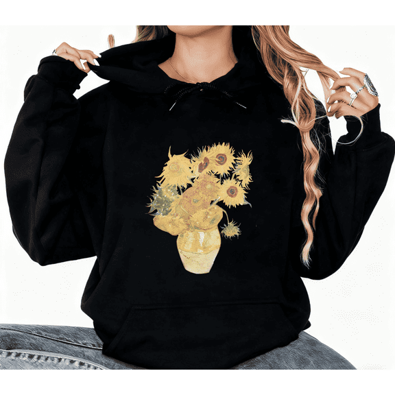 Sunflower Art Graphic Regular Fit and Comfortable Tee T-Shirt Print Top Hooded long-sleeved Black S-2XL