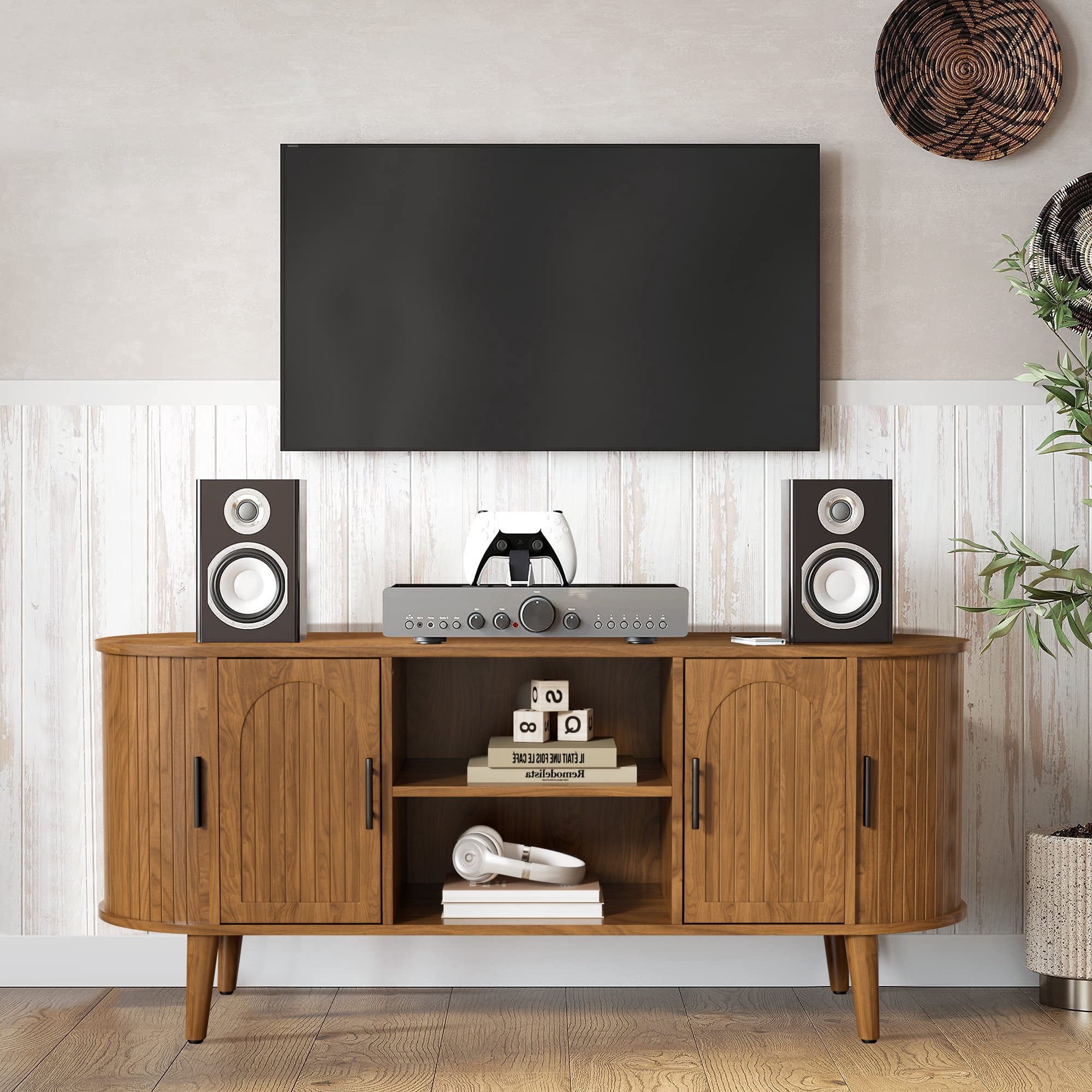 TV Stand for for TVs up to 60 Inch, 51" TV Console with Fluted Doors, Modern Mid Century Entertainment Center for Living Room Bedroom, Walnut