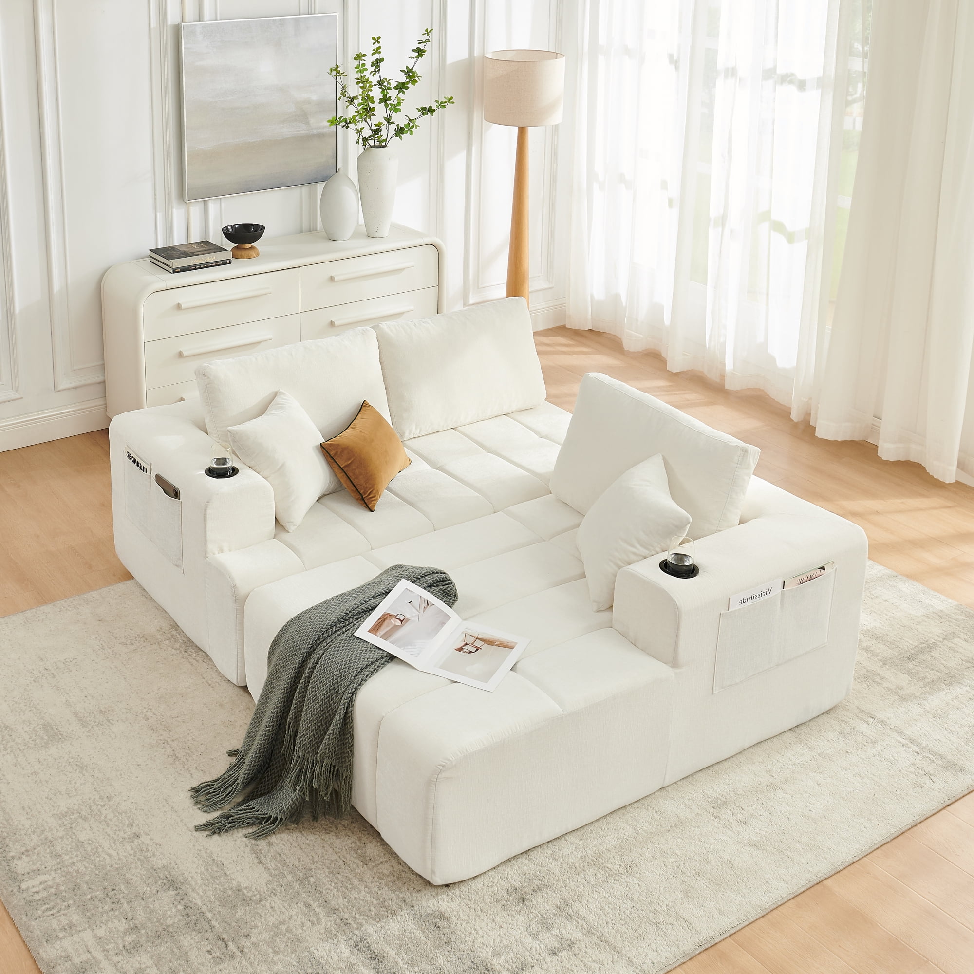 Leumius 108" L-Shaped Sectional Sofa,Chenille Boneless Couch, Modern 3-Seat Upholstered Cloud Couch Sectional with Deep Seat and Cup Holders for Living Room,No Assembly Required,Beige