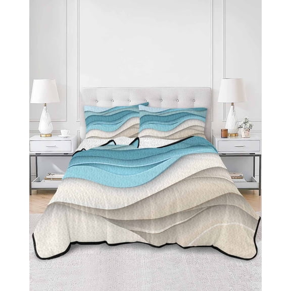 Quilts Twin XL Size, Aqua Beige Ombre Soft Comforter Bedding Set for Bed, Modern Abstract Moire Art Geometric Lightweight Quilted Bedspread with Pillow Cover(2 Pieces) for All Season, 68x98 Inch