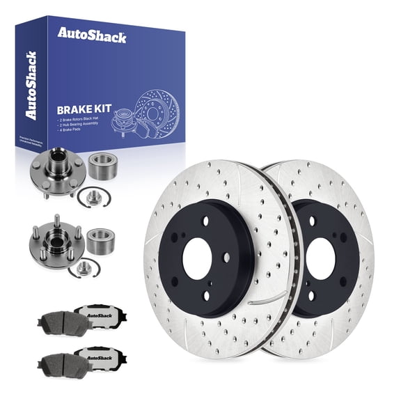 AutoShack Front Brake Rotors, Ceramic Pads & Hub Bearing Assemblies for Toyota, Solara 2004-2008, FWD L4 2.4L - E-Coated Drilled & Slotted - ShadowGuard - 11.65" (296 mm), 5-Lug