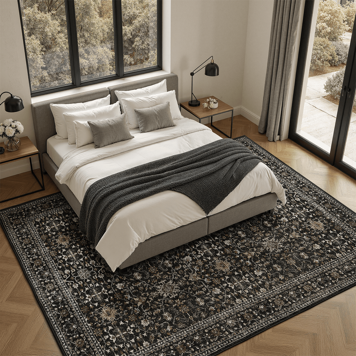 Floral 9x12 Area Rug, Machine Washable, Soft Vintage Floral Rug Non Slip Stain Resistant for Living Room -Black