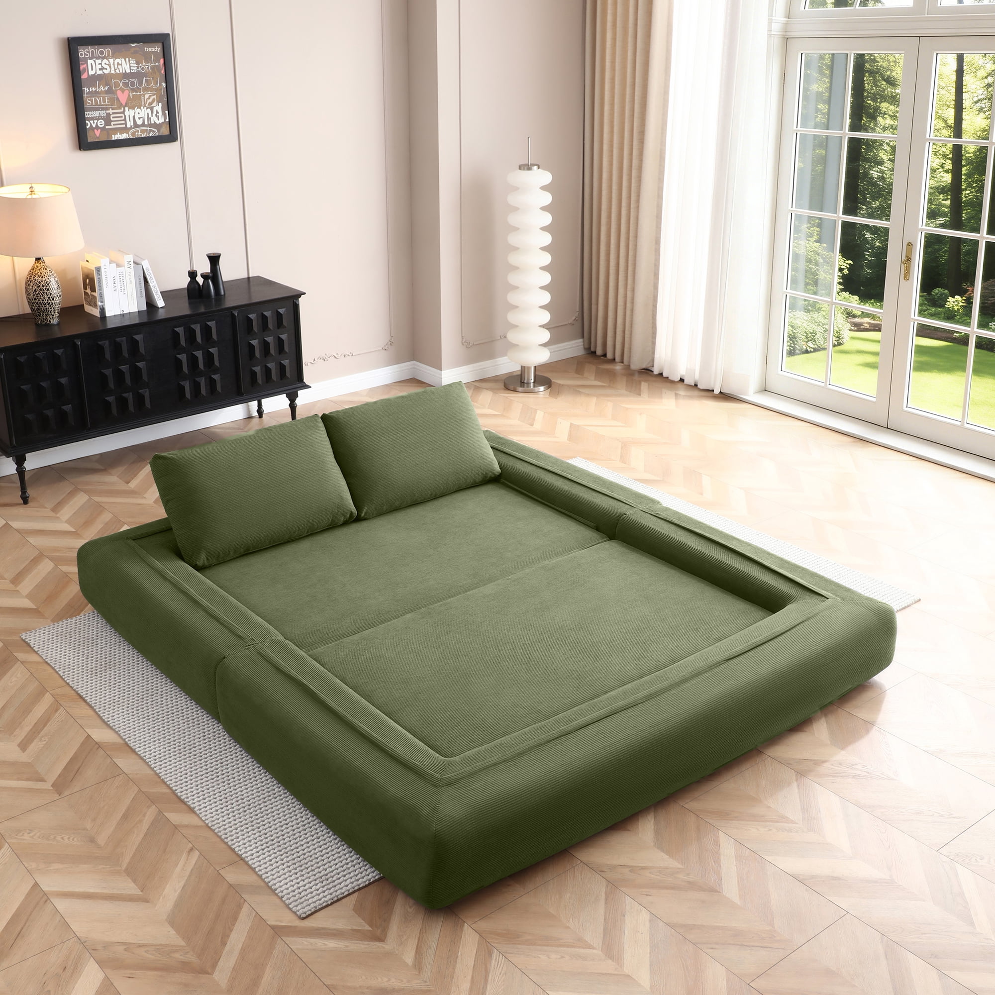 81-Inch Convertible Sofa Bed with Pillows, 3-in-1 Folding Floor Couch and Corduroy Futon Sleeper Mattress for Living Room and Bedroom, Green