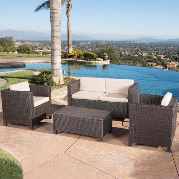 Outdoor Sofa Set 4 Piece, Patio Furniture Set, Wicker Sofa Set with Loveseat 2 Chairs Table, All-Weather PE Rattan and Water-Resistant Cushions, Modern Outdoor Seating, Dark Brown