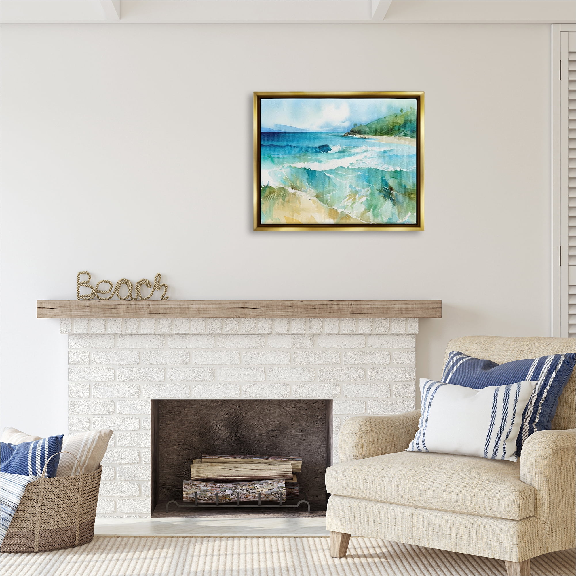 Stupell Industries Abstract Beach Waves Landscape Painting Gold Floater Framed Canvas Art Print Wall Art, 31 x 25