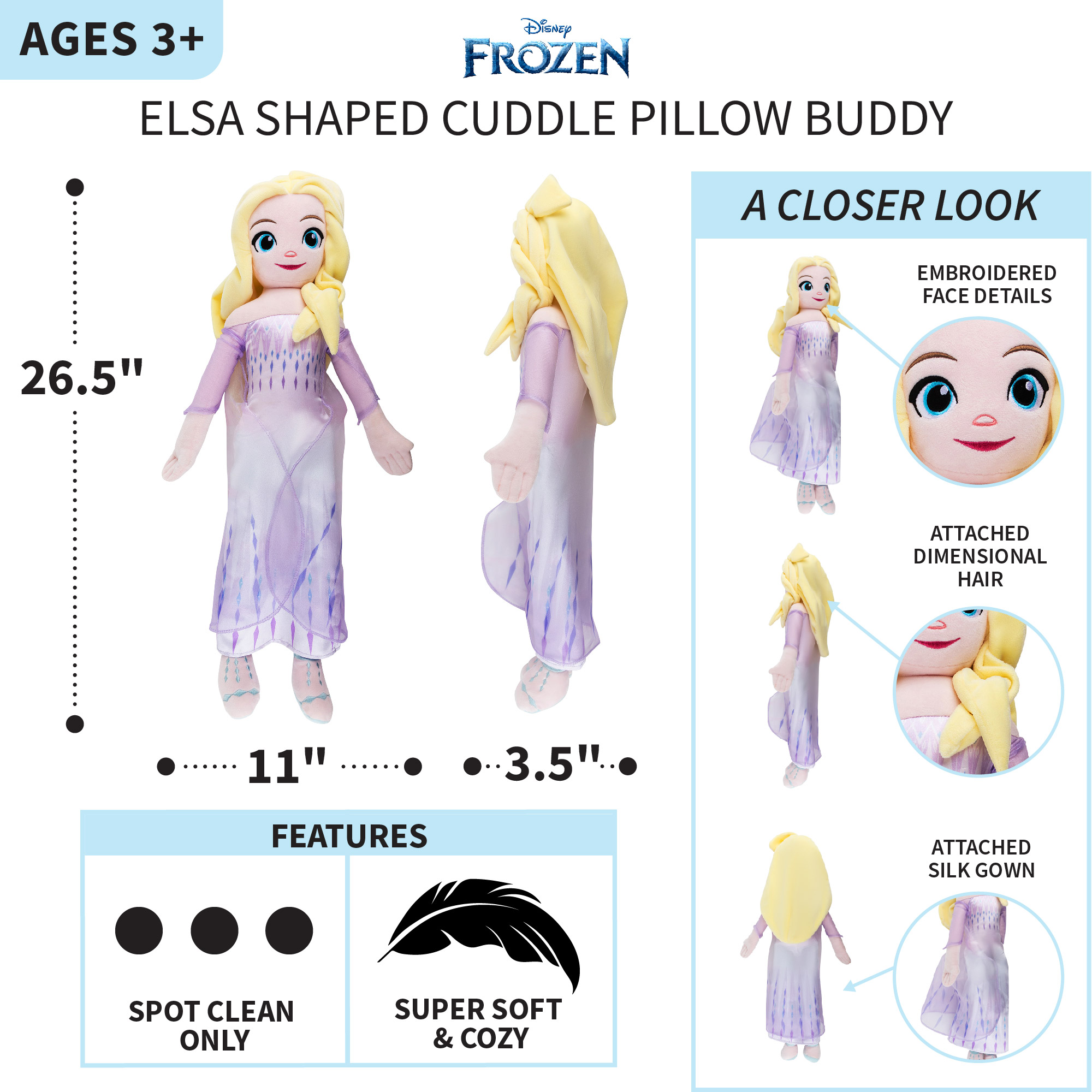 Disney Frozen Kids Elsa Bedding Plush Cuddle and Decorative Pillow Buddy, Purple - image 3 of 7