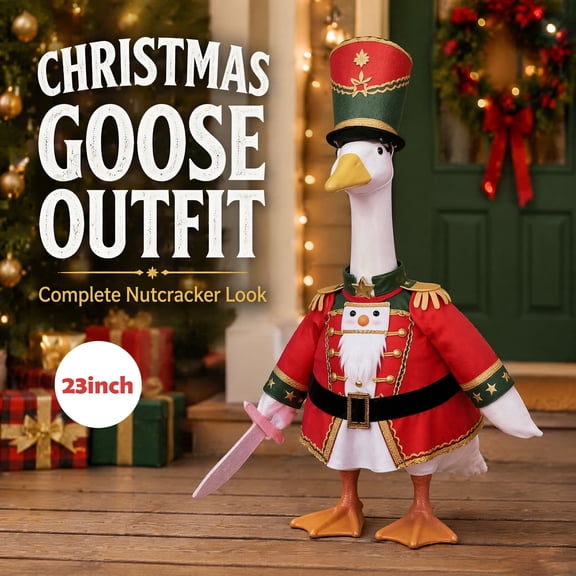 RUINIXCW Christmas Soldier Costume Porch Goose Outfit for 23 inch Cement Plastic Garden Holiday Porch Goose Statue Goose ClothesJacket Tall Hat and Mini Sword Set Yard Patio Lawn Art Decor (No Goose)
