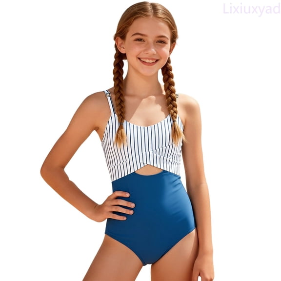 Lixiuxyad Girls High Waist Swimsuit With Adjustable Straps And Removable Padded Cups For Teen And Youth Swimwear,Swimsuits Sets Sizes 11-12 Years Blue