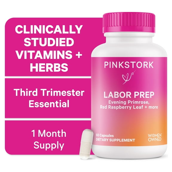 Pink Stork Labor Prep Supplement, Evening Primrose, Red Raspberry Leaf, Folate, Calcium, Pregnancy, 60 Capsules