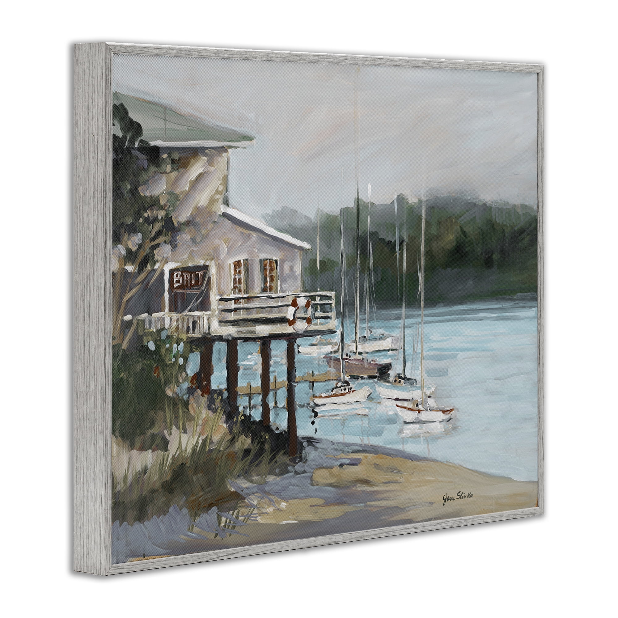 Stupell Industries Boat Marina Harbor Coastal Painting Gray Framed Art Print Wall Art, 20 x 16