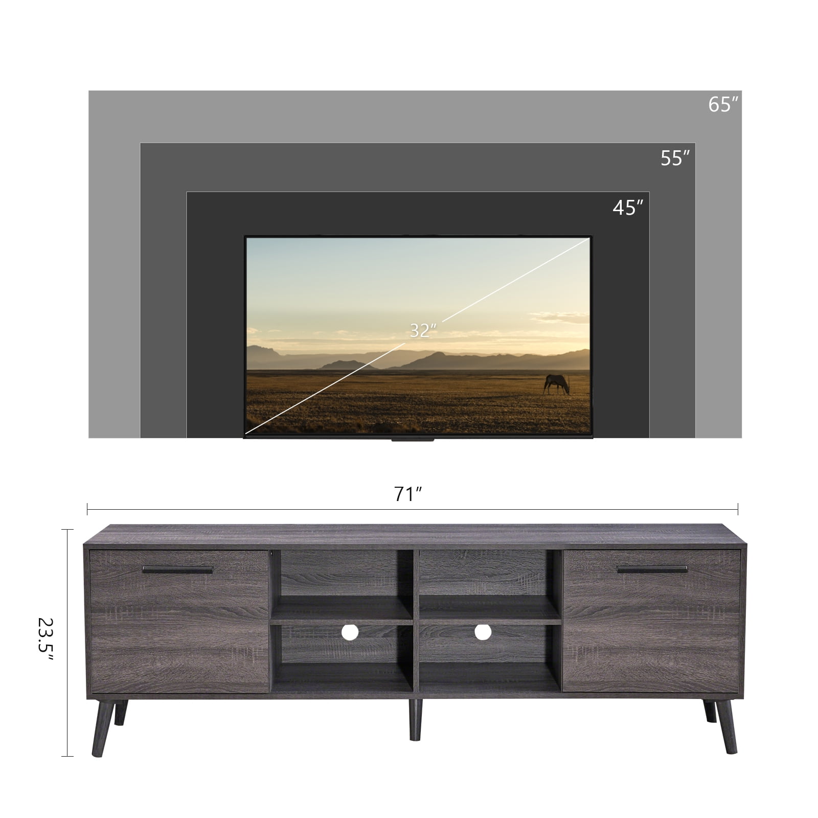 Kadyn Mid Century TV Stand, Modern TV Console with 2 Cabinets & Shelves, Fiberboard TV Entertainment Center for Living Room, Plaid Grey Oak
