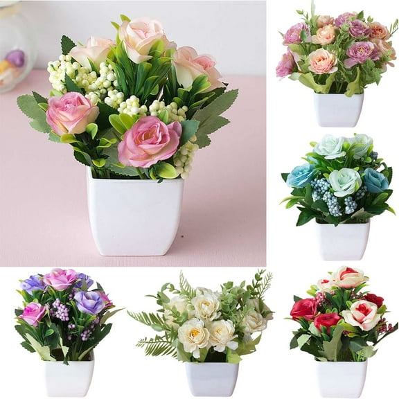 cdar European Small Potted Fake Tea Rose Bonsai Plant Artificial Flowers for Home Office Table Decor