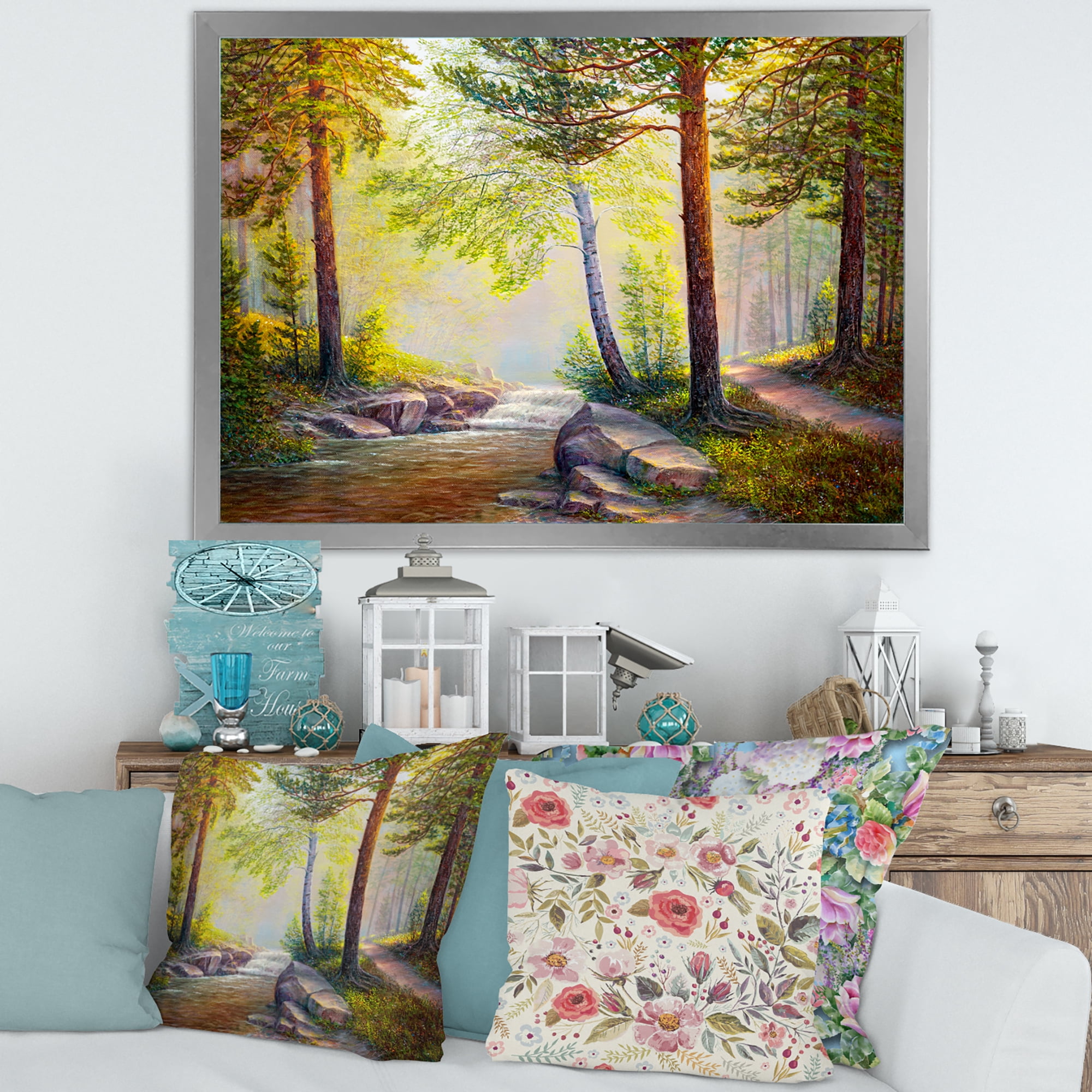 Designart 'Afternoon Light Through The Forest Trees' Traditional Framed Art Print
